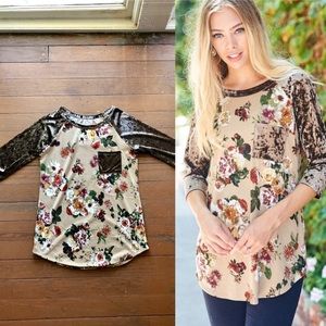 Taupe 3/4 Sleeve Floral Velvet Raglan